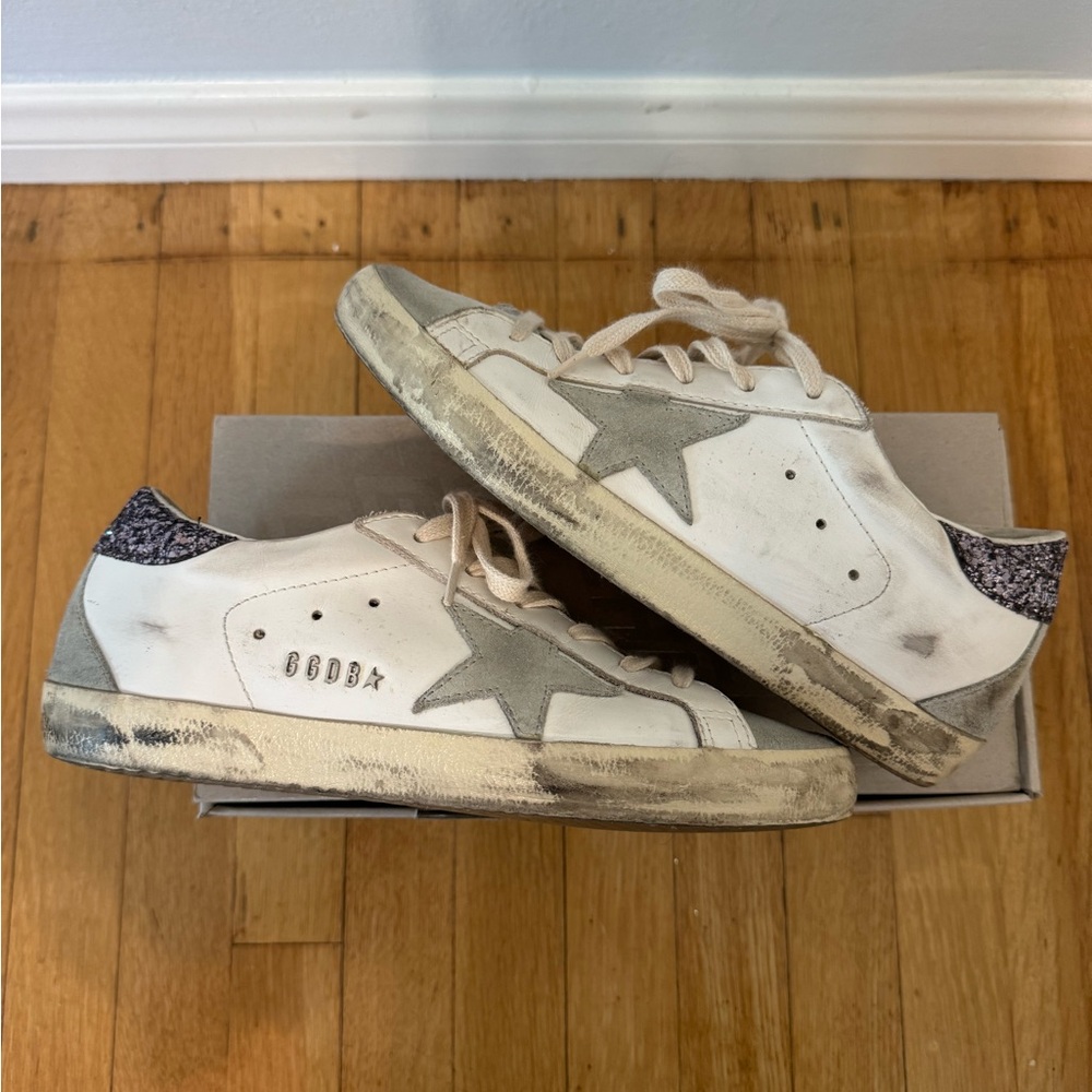 Golden Goose Superstar size 38 White Leather with Glitter From FWRD